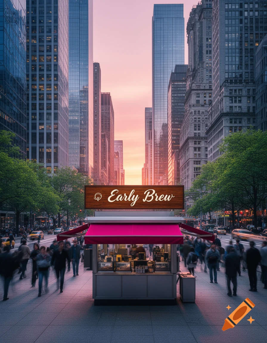 Photorealistic image of a coffee stand with 'Early Brew' sign on a busy city street, tall skyscrapers, and blurred pedestrians during sunrise.