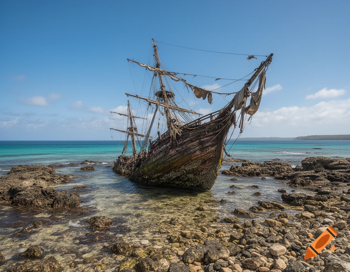 A weathered wooden shipwreck rests partially submerged on a rocky beach with clear turquoise water under a blue sky.