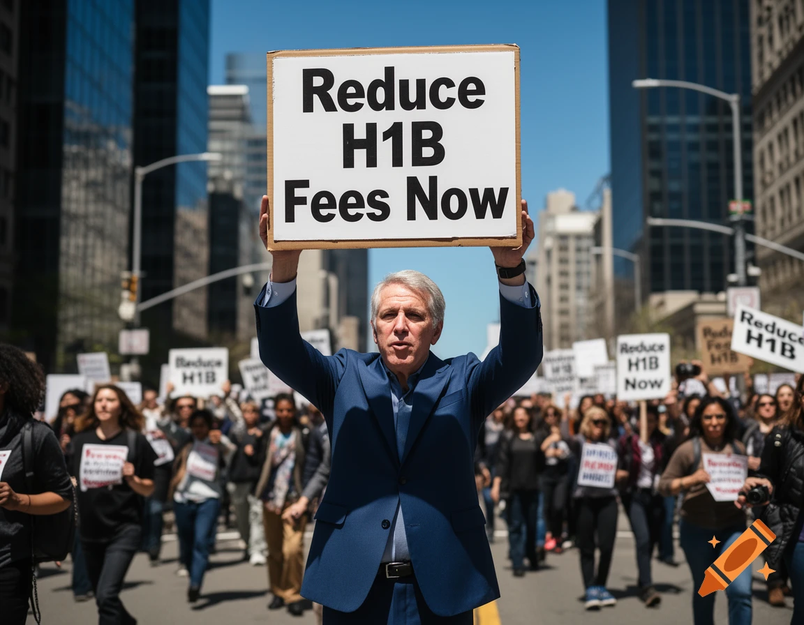 A man in a blue suit holds a sign reading "Reduce H1B Fees Now" while leading a protest march on a city street.