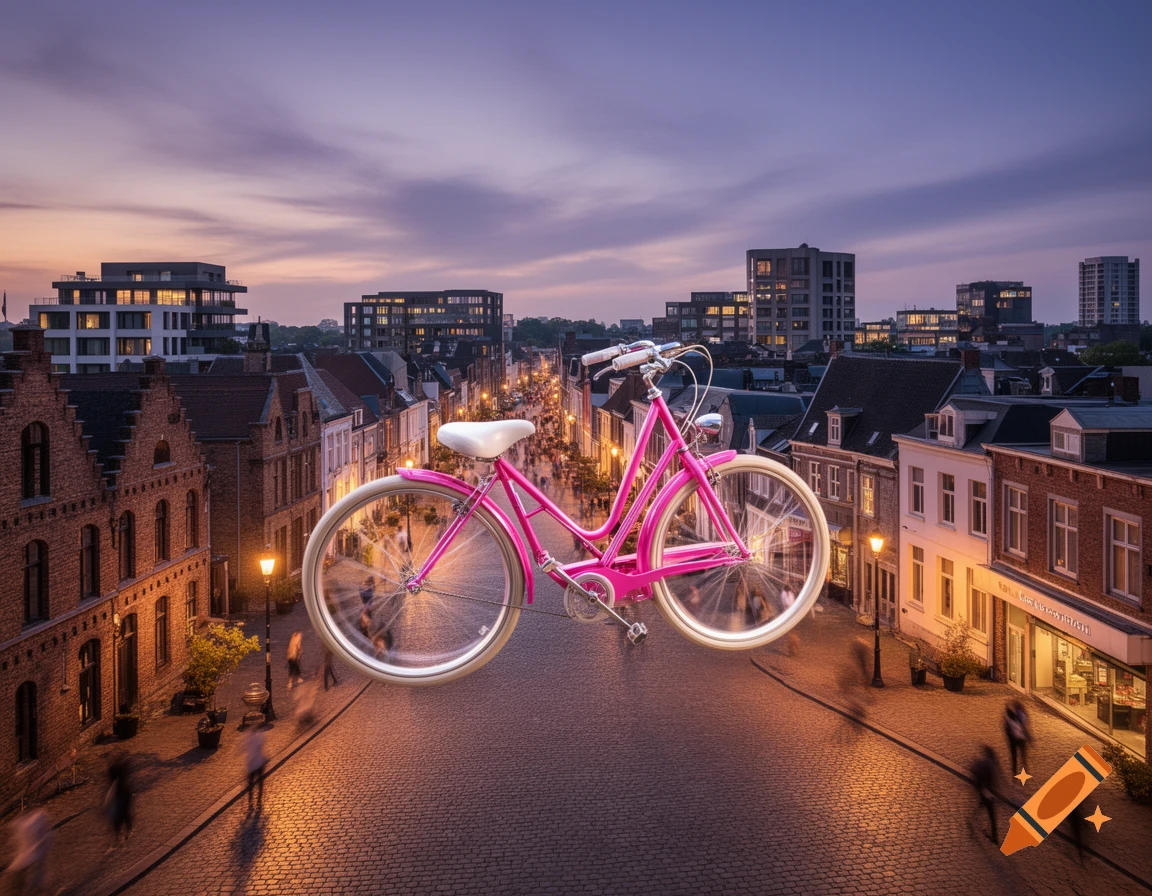 A bright pink bicycle floats above a busy cobblestone street in a European city at dusk, with buildings and distant people.