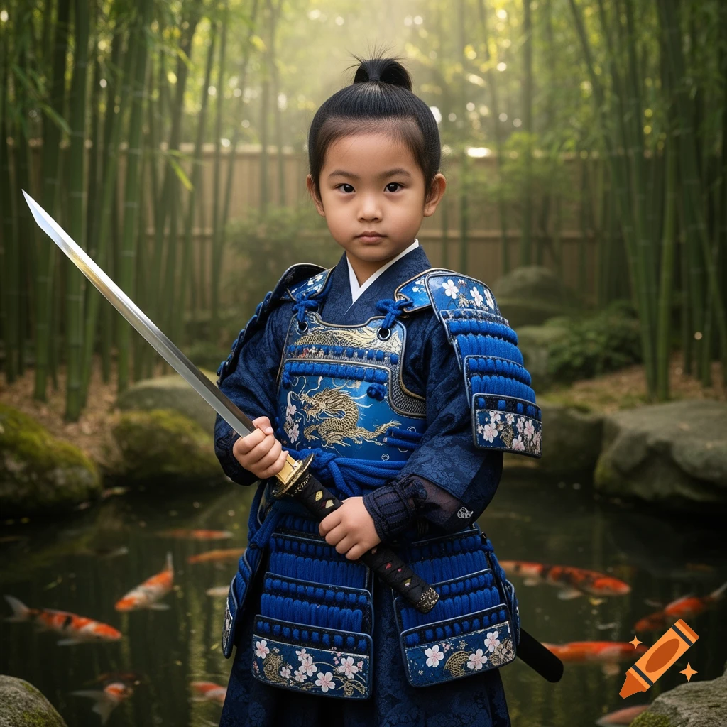 A young child in blue samurai armor holds a katana in a photorealistic portrait set in a bamboo garden with a koi pond.