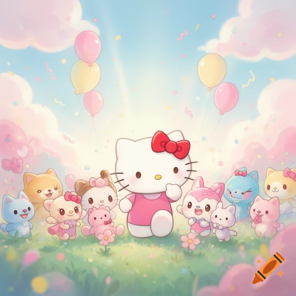 Hello Kitty and her animal friends celebrate outdoors with balloons and confetti in a whimsical, pastel cartoon style.