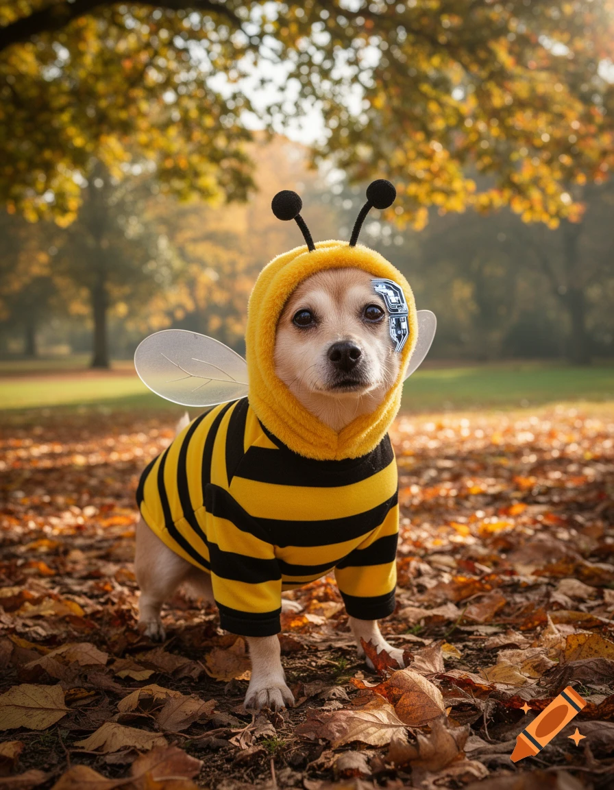 A cute dog wearing a yellow and black striped bee costume with a silver neuroimplant on its head, standing among autumn leaves in a park.