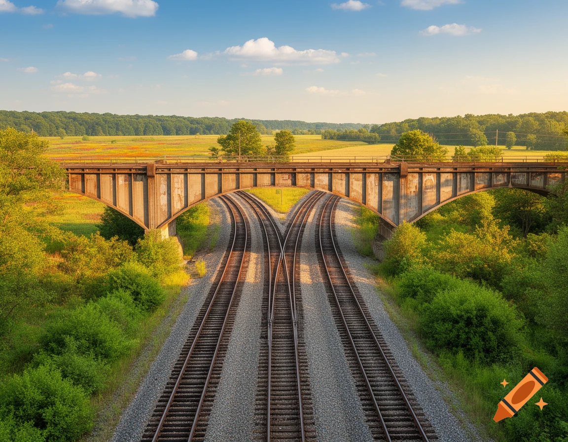 Train tracks diverge under a concrete railroad bridge, surrounded by lush green foliage and distant fields under a blue sky.