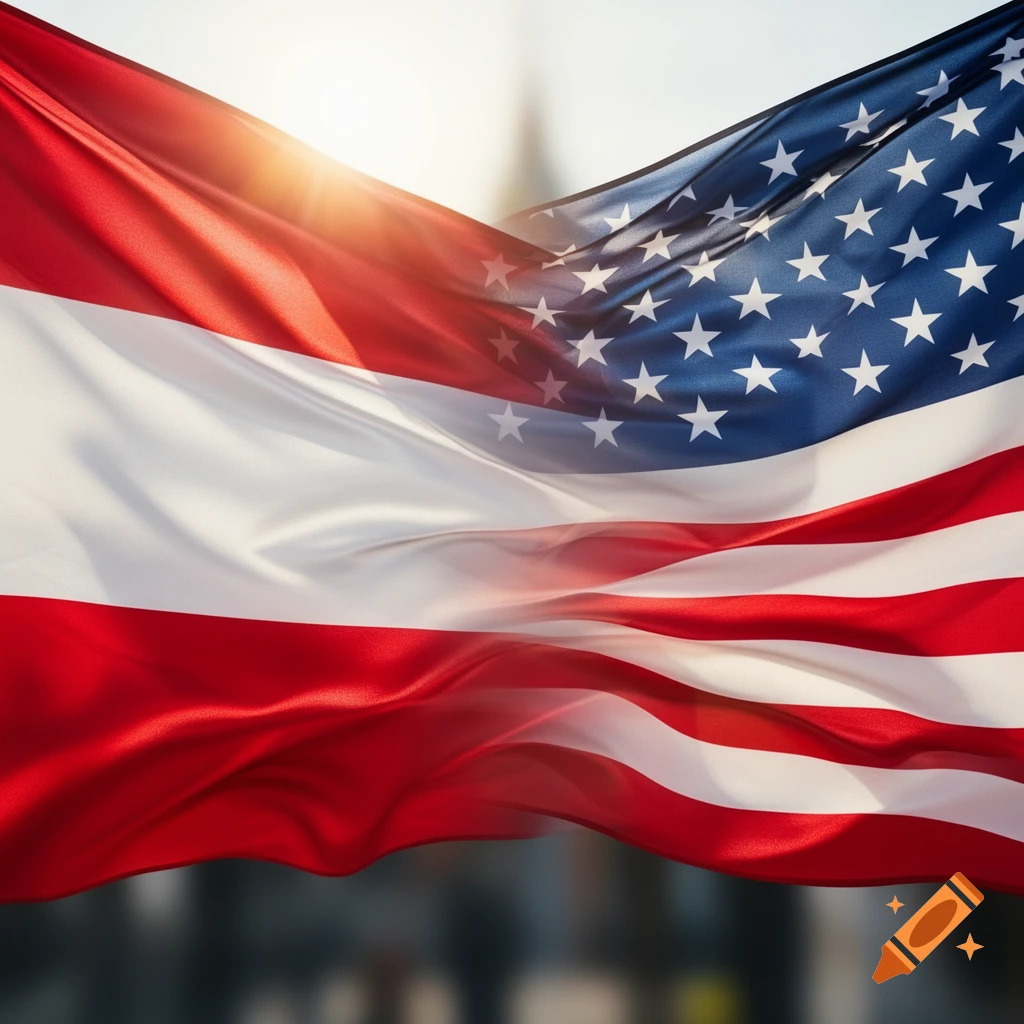 Waving flags of Poland and the United States, merged together with a bright sun flare above.