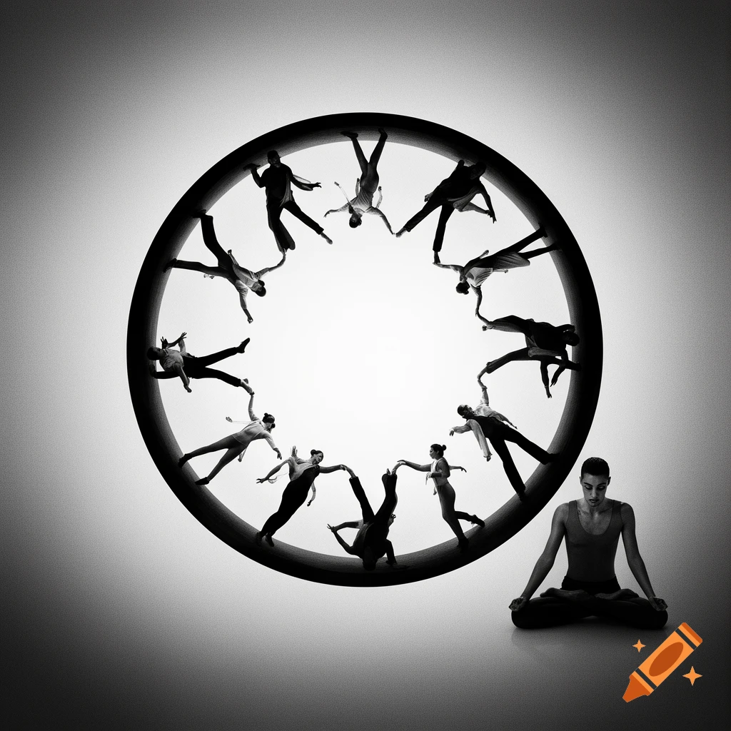 Black and white graphic art: multiple stylized figures walk and dance along a large circular edge, surrounding a meditating person.
