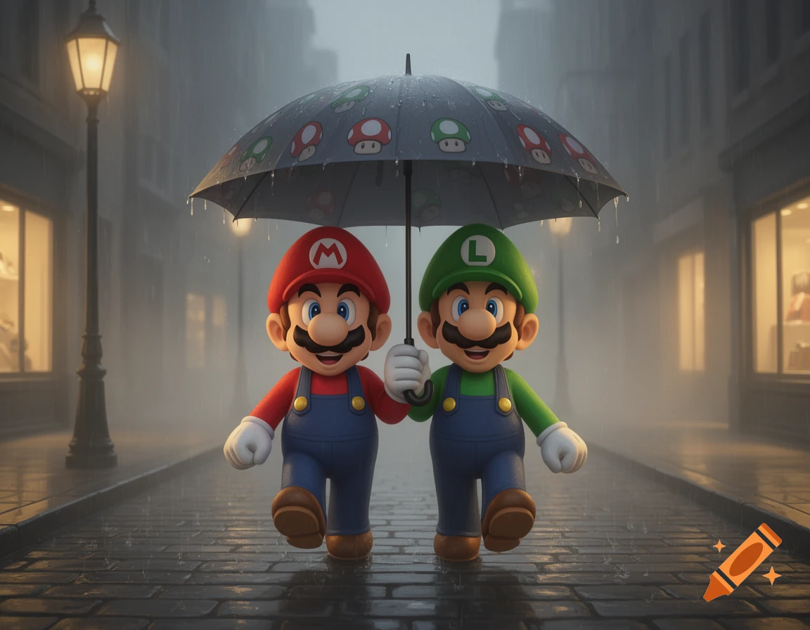 Mario and Luigi walk together under a mushroom-patterned umbrella on a rainy city street at night.