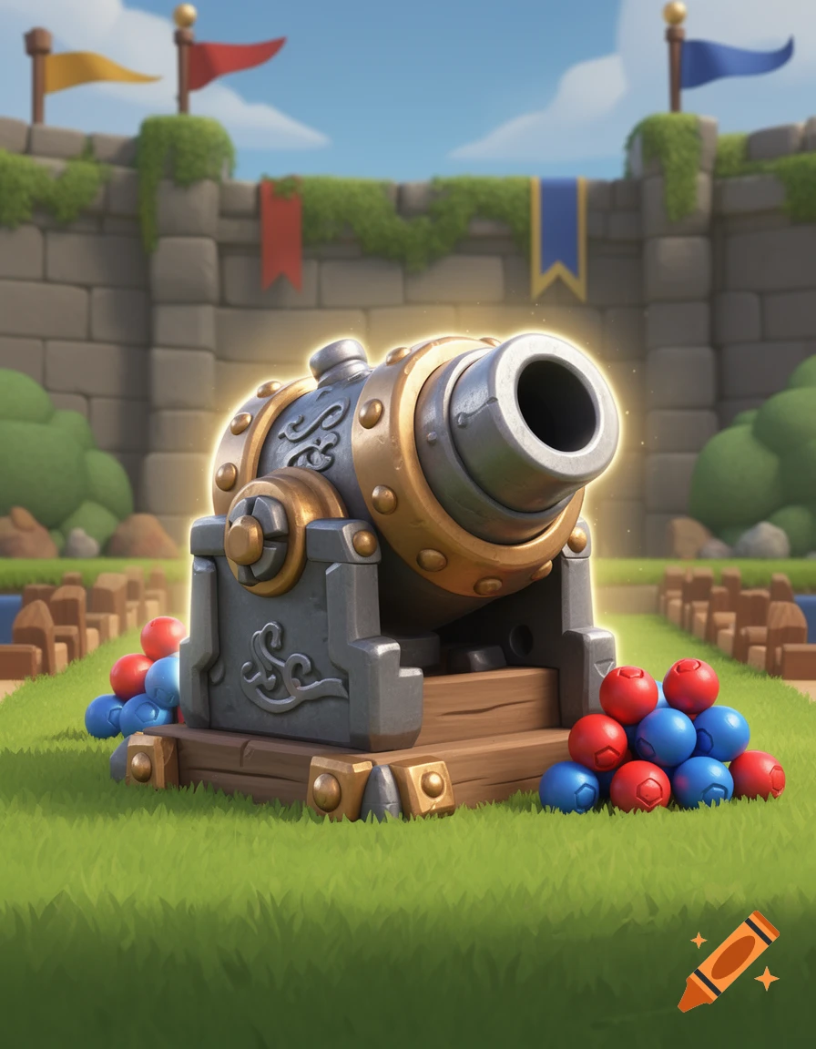 A stylized cannon with red and blue cannonballs in a grassy arena, resembling the Clash Royale art style.