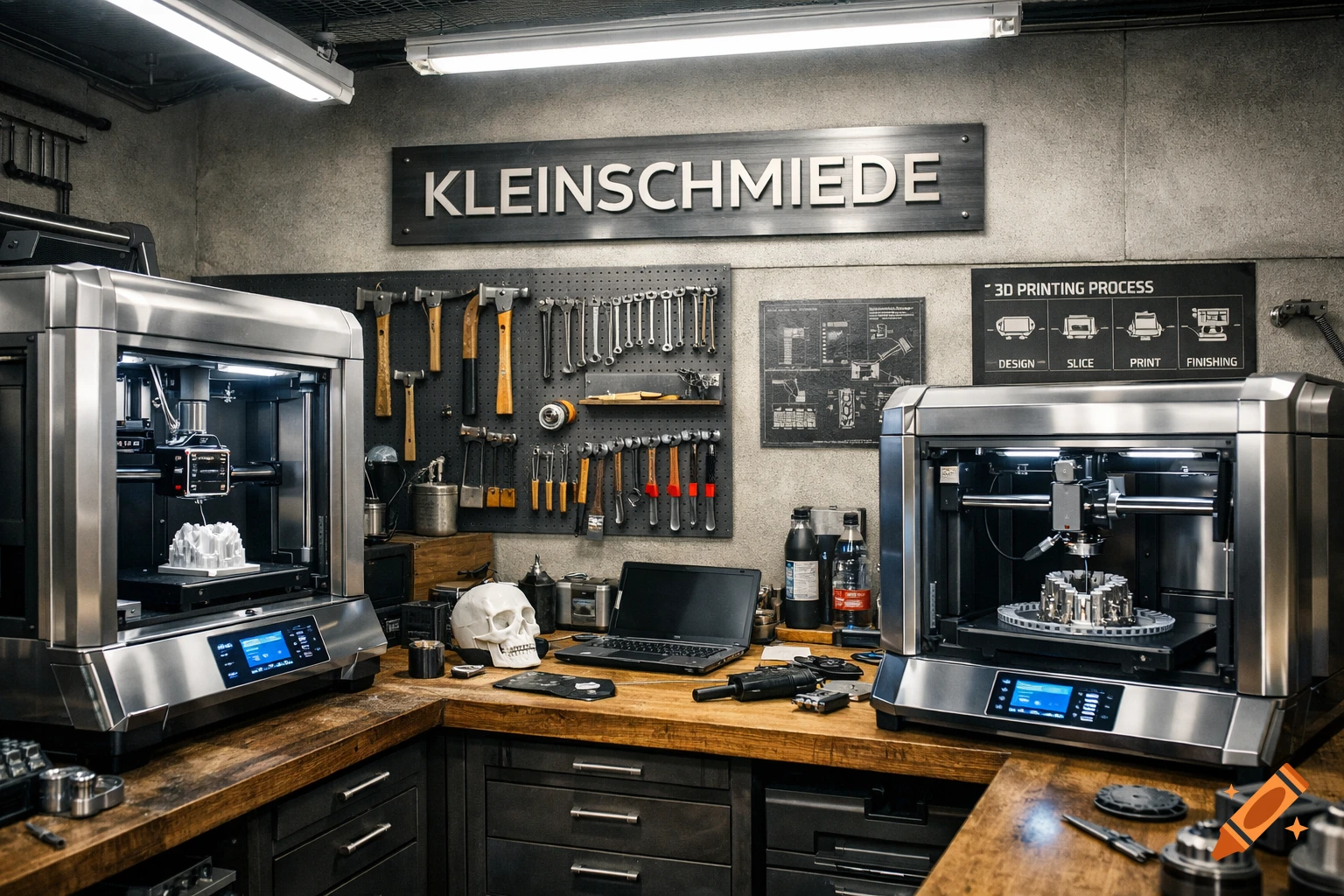 A workshop with two 3D printers, tools on a pegboard, a laptop, and a skull on a wooden workbench. A sign reads "KLEINSCHMIEDE".