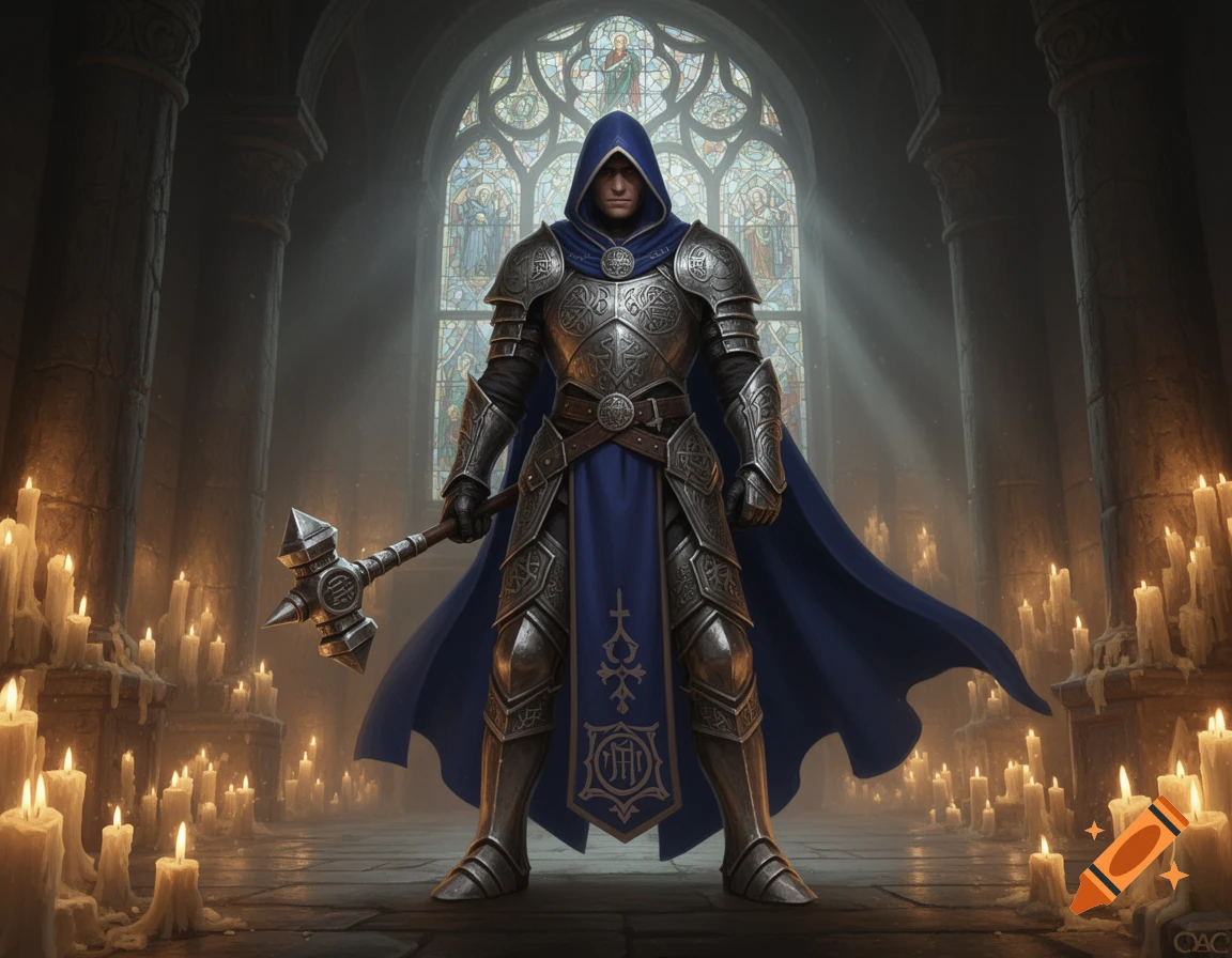 A warrior in ornate silver armor and a blue hooded cloak holds a war hammer in a dimly lit cathedral filled with many lit candles, a large stained glass window in the background.