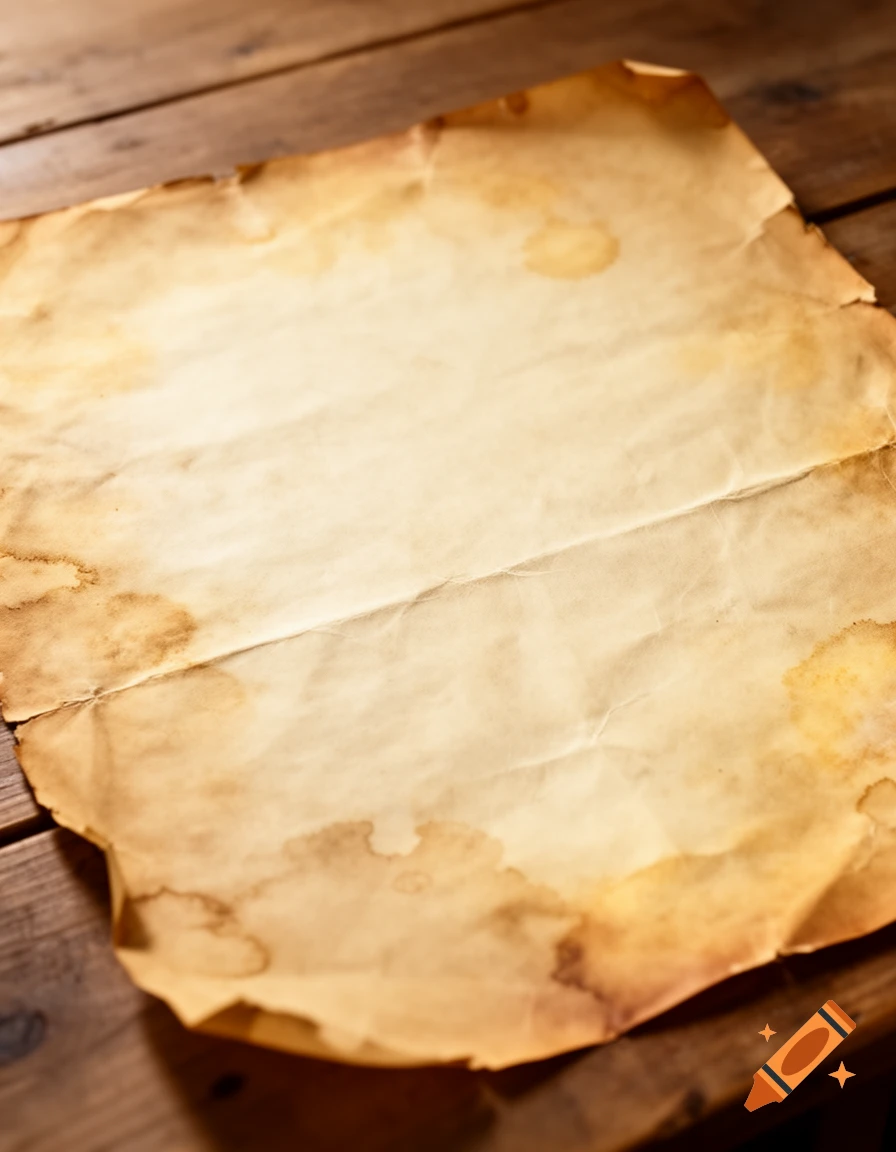 An aged, stained, and creased piece of blank paper rests on a rustic wooden table.