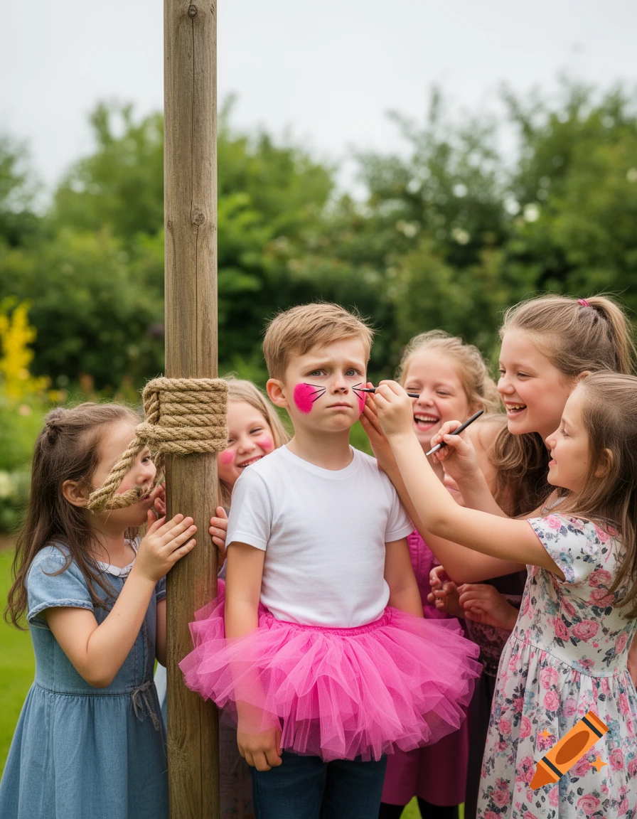A young boy in a pink tutu with face paint looking sad while girls laugh and apply more makeup outdoors.