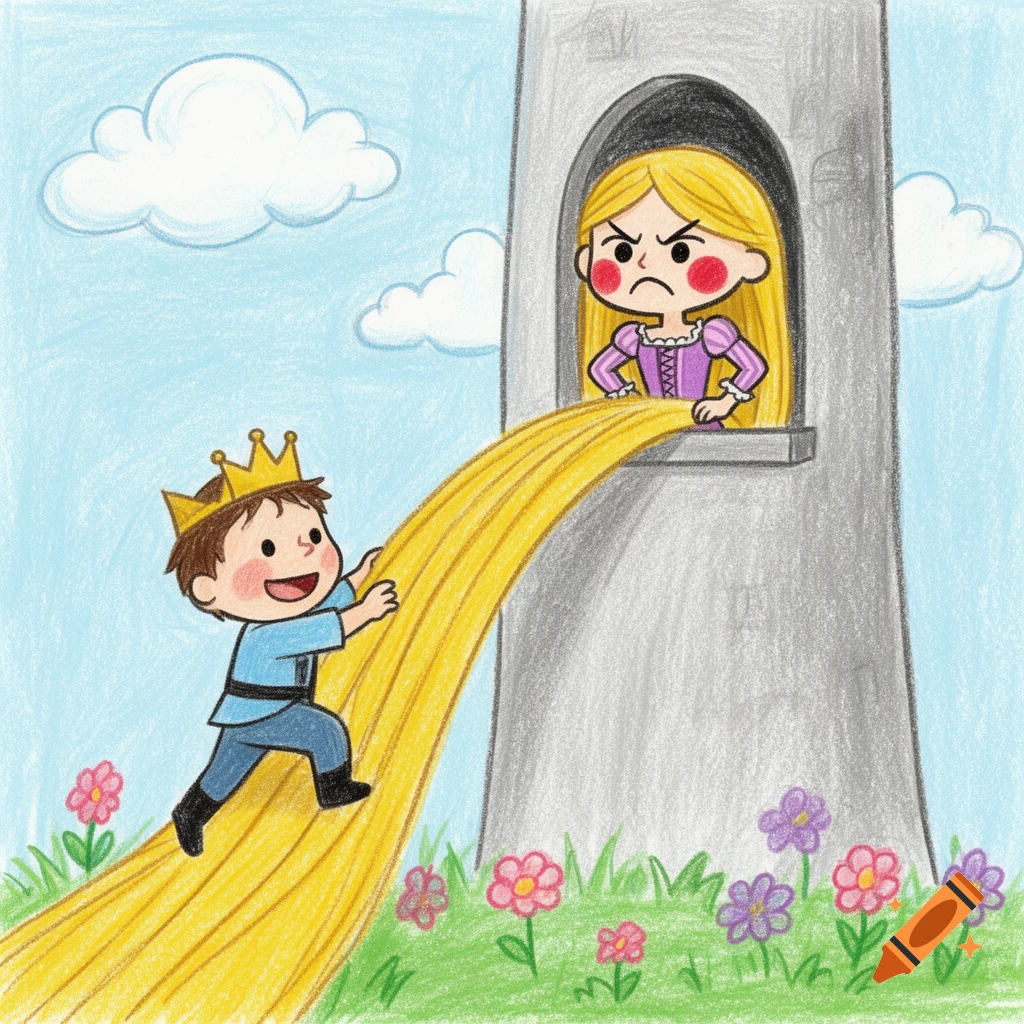 Childish crayon drawing of a prince climbing Rapunzel's long blonde hair, with an annoyed Rapunzel looking out from her tower window.