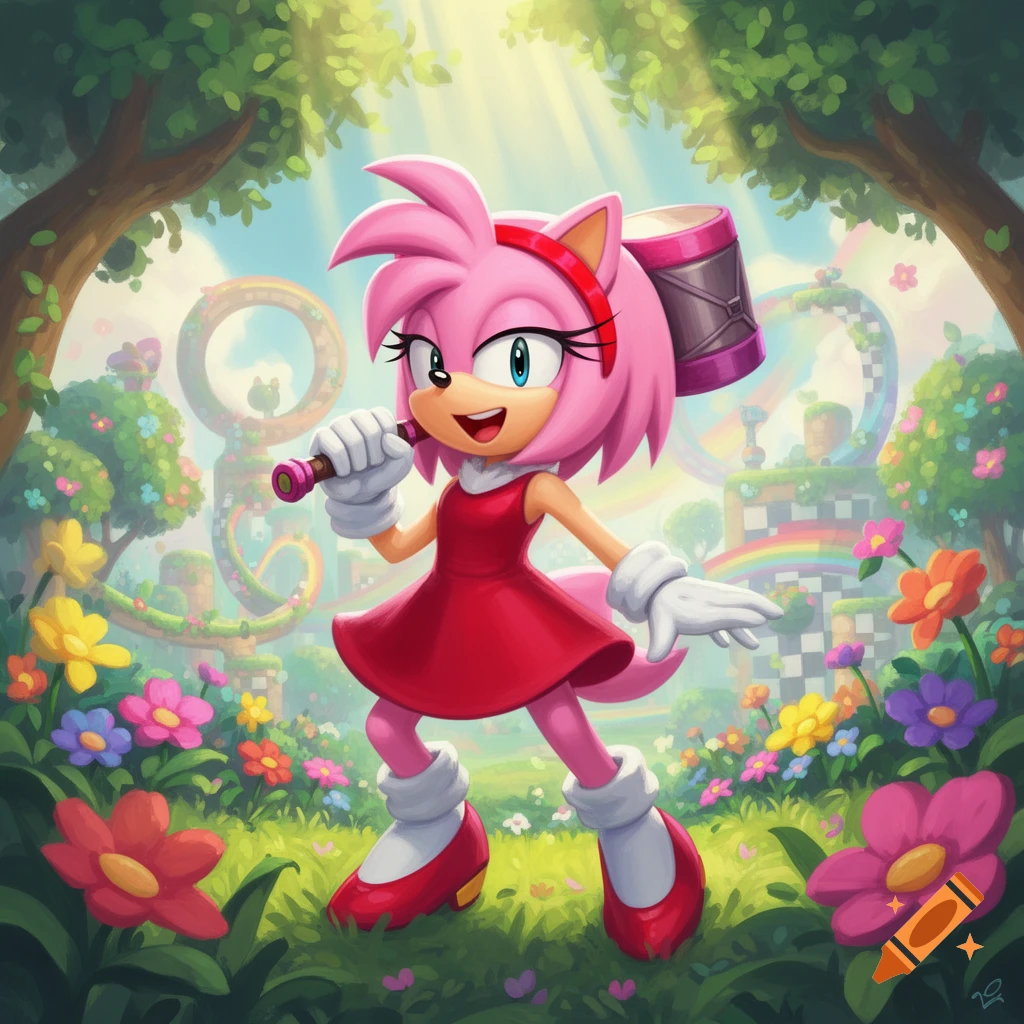 Vibrant cartoon illustration of Amy Rose from Sonic the Hedgehog, holding her Piko Piko Hammer in a sunny, flower-filled forest with looping tracks.