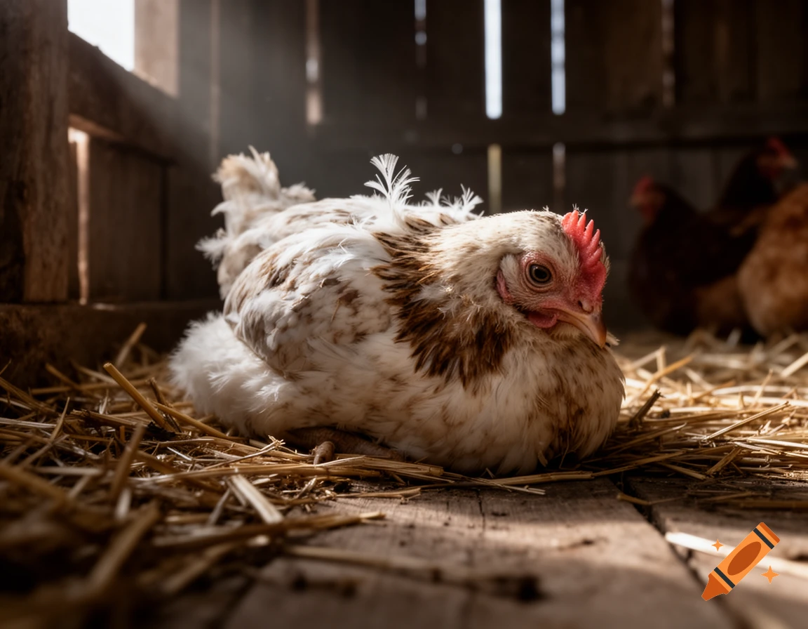 A close-up, photorealistic shot of a white and brown hen resting on straw in a dimly lit wooden coop, with sun rays filtering in.