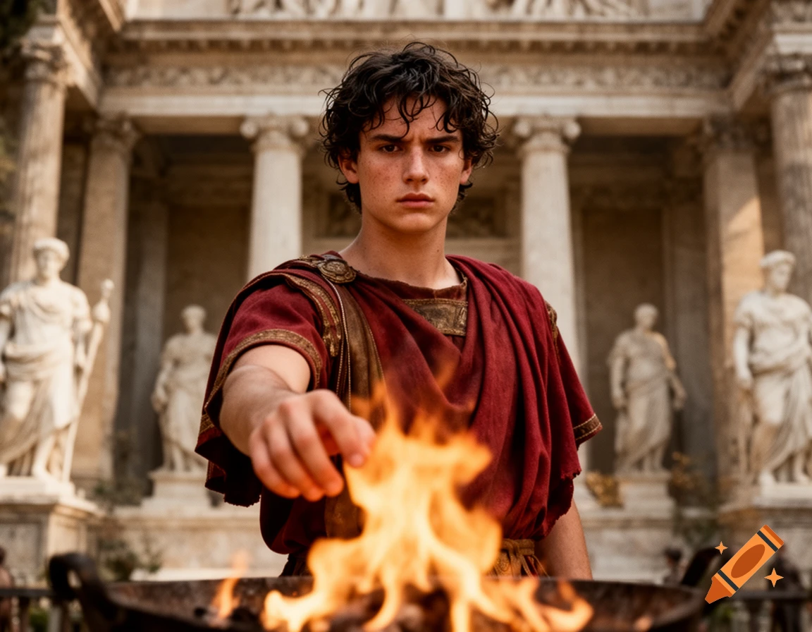 A young man in a red toga stands before classical ruins, reaching towards a burning brazier.