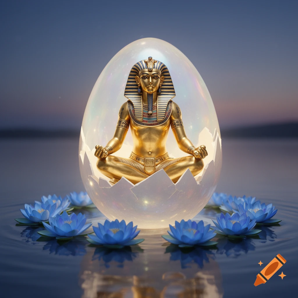 A golden pharaoh figure meditating in a cracked, glowing egg, surrounded by blue lotus flowers on calm water.