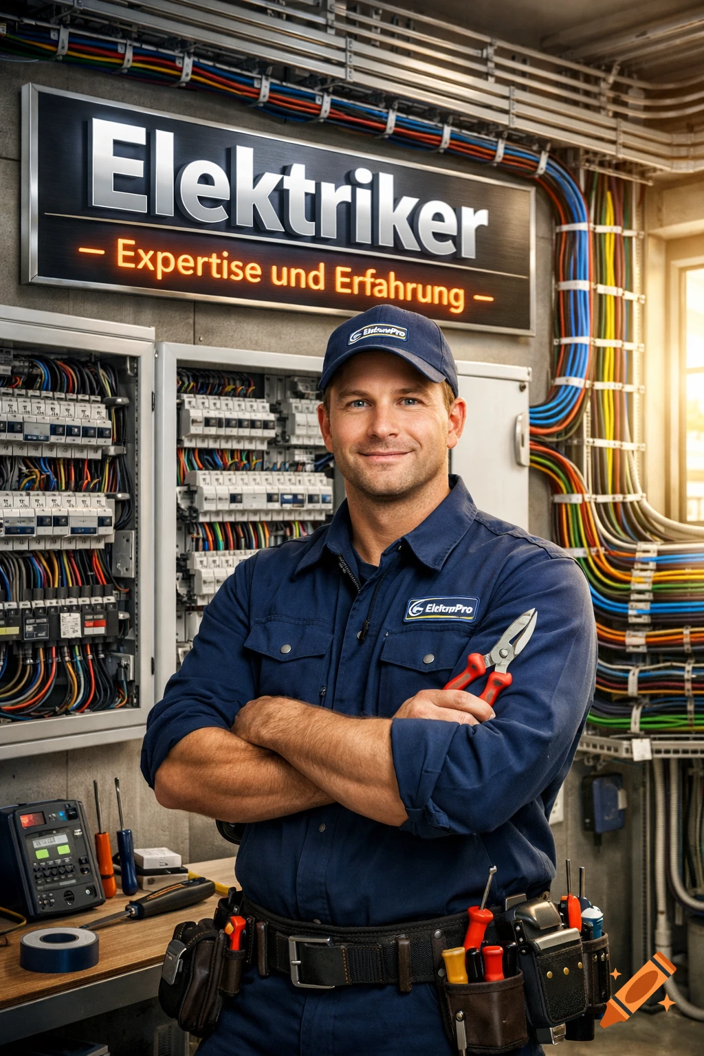 Smiling male electrician in blue uniform, arms crossed, holding pliers in an electrical room with panels and colored wires.