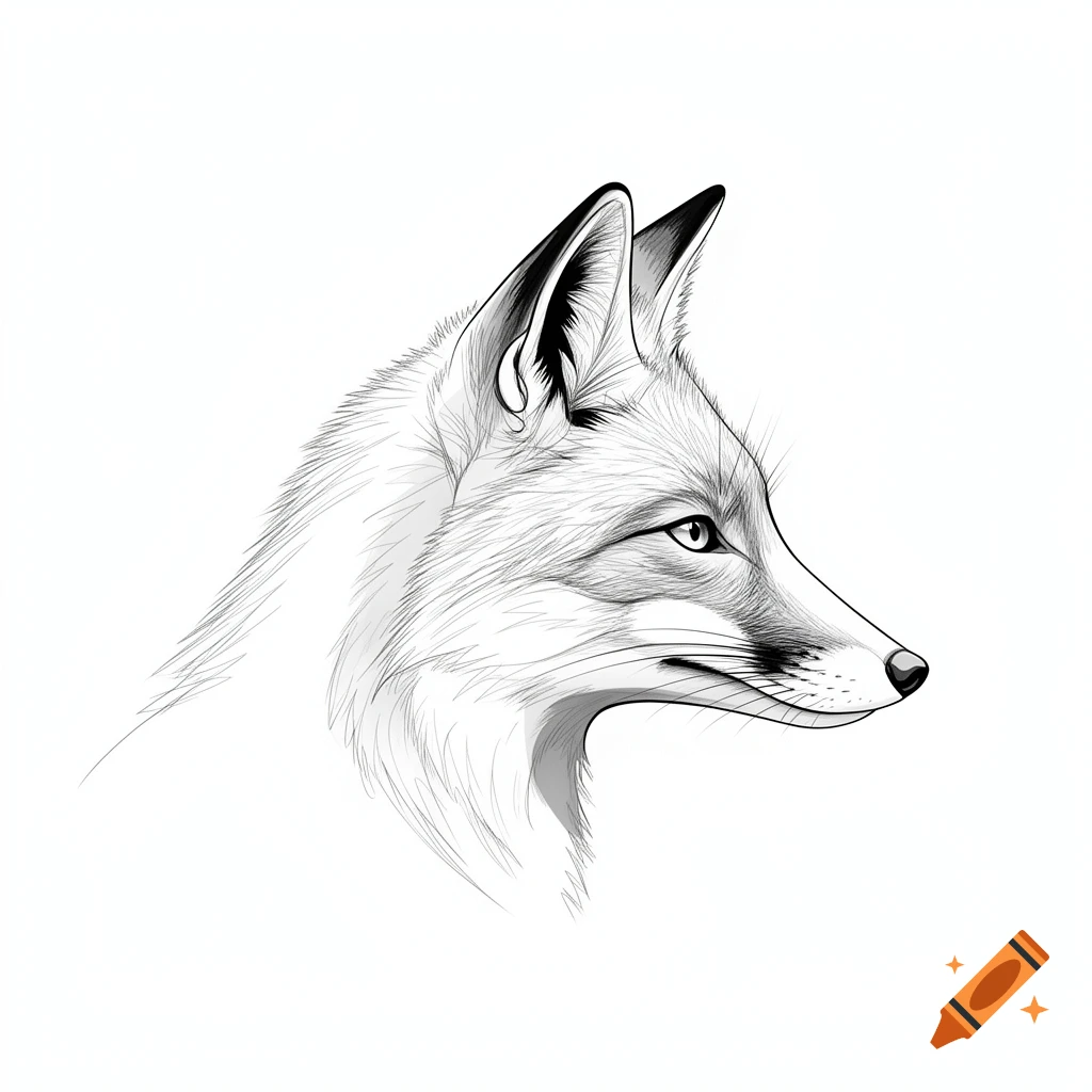 A detailed black and white fineline outline illustration of a fox head looking right.