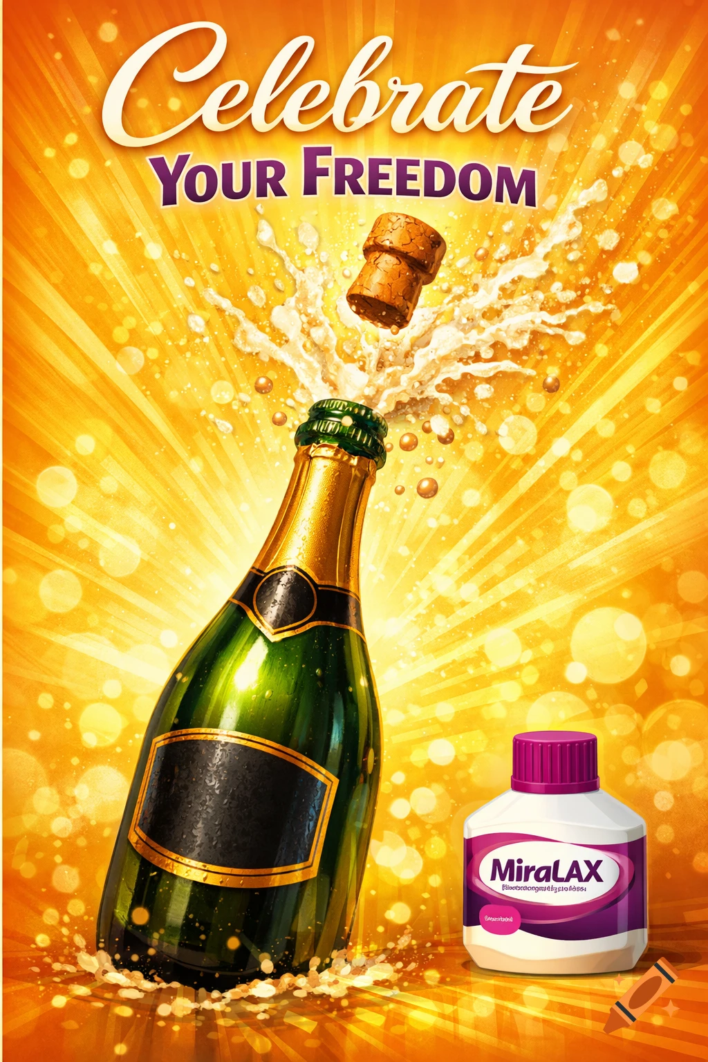 A vibrant advertisement featuring a champagne bottle with a popping cork, sparkling effects, and a MiraLAX bottle. Text reads 'Celebrate Your Freedom'.