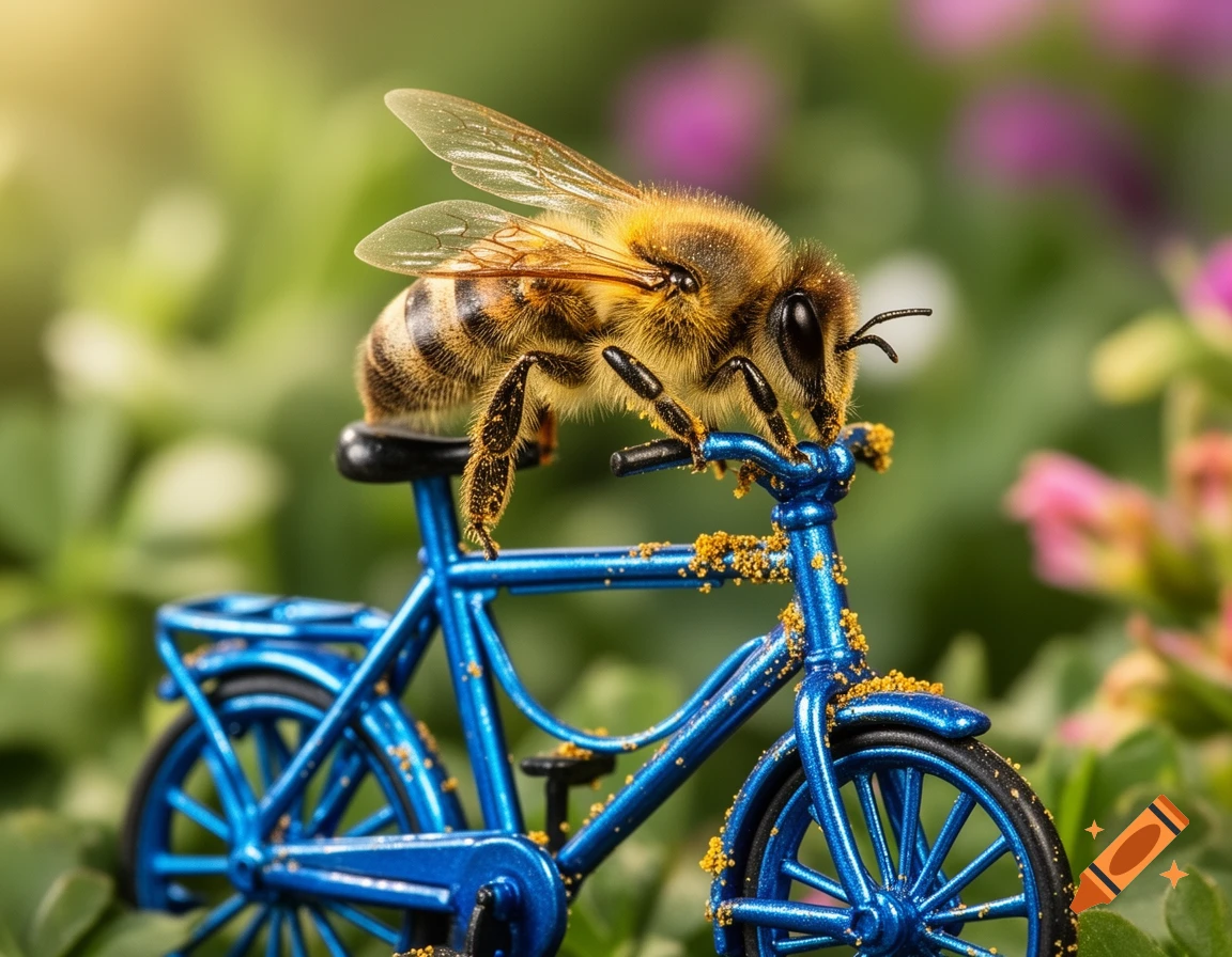 Photorealistic close-up of a fuzzy bee on a small blue toy bicycle covered in yellow pollen, set in a blurry green garden.