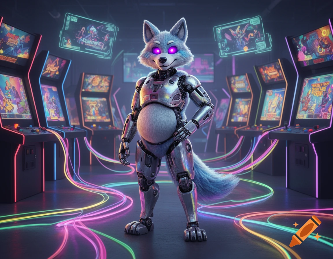 A robotic wolf character with a large, furry belly stands in a neon-lit arcade among classic game machines, glowing with purple eyes and surrounded by vibrant light trails.