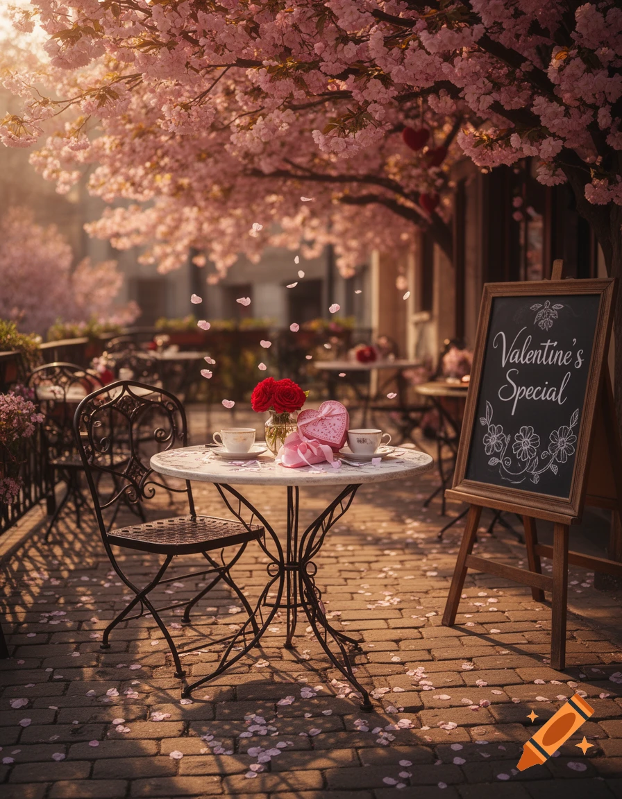 Photorealistic scene of an outdoor cafe with a table for two, red roses, and a Valentine's Special sign under pink cherry blossoms.