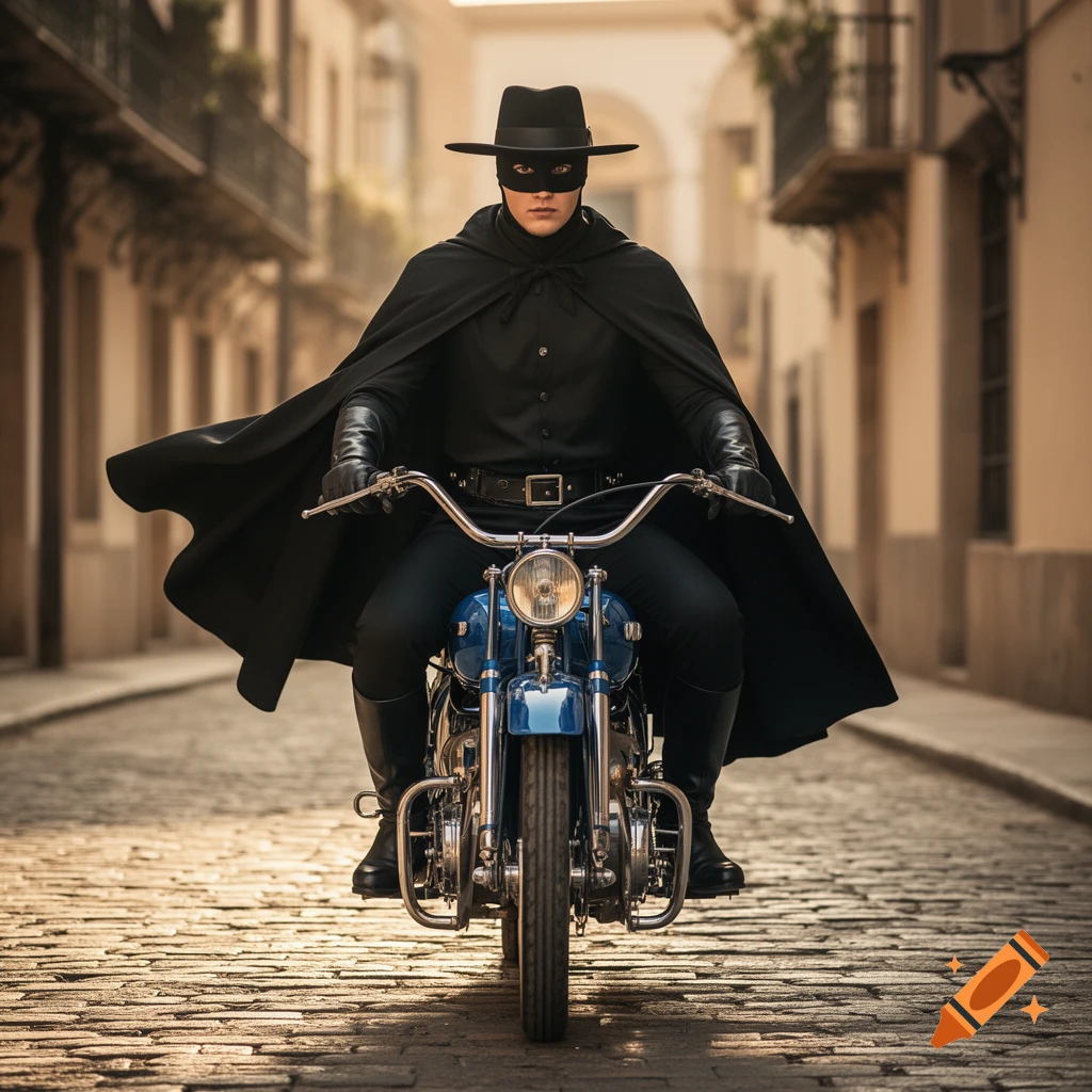 A masked Zorro-like figure in a black costume and cape rides a blue motorcycle down a cobblestone street.