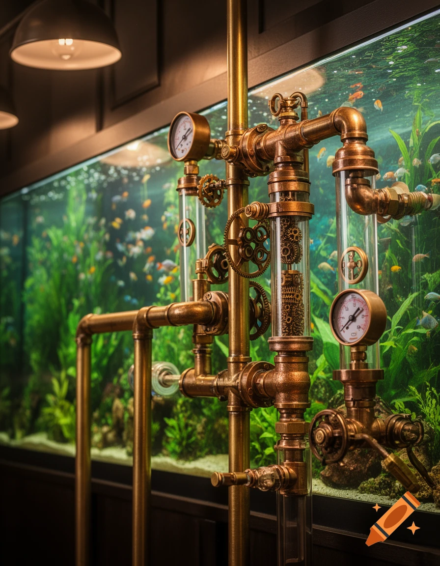 An intricate steampunk RODI water system of brass pipes, gears, and gauges, against a lush green aquarium with fish.