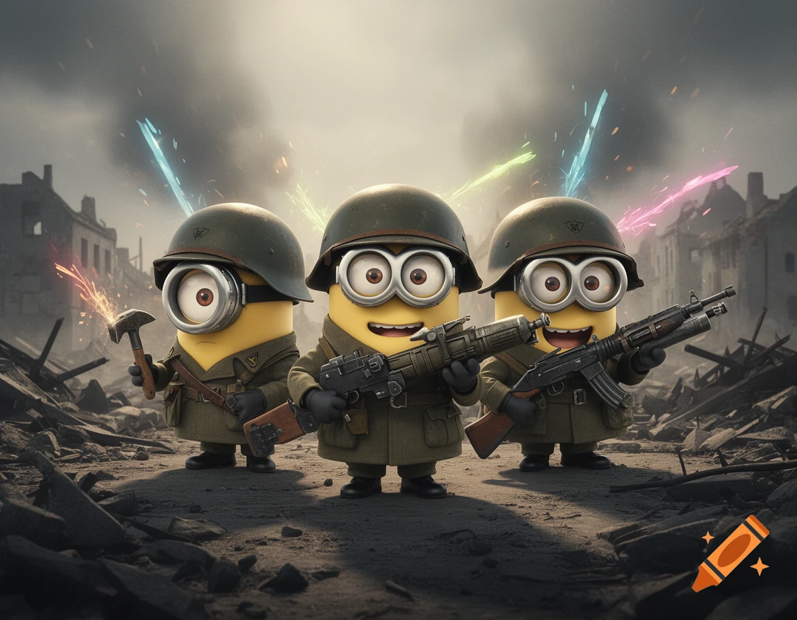 Three Minions in military helmets and uniforms hold rifles and a hammer amidst a war-torn city with colorful streaked explosions in the sky.