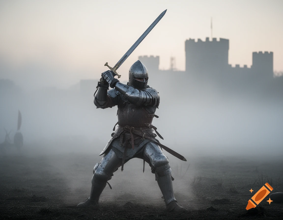 A knight in full armor holds a large sword raised in a fighting stance in a misty field with a distant castle silhouette.