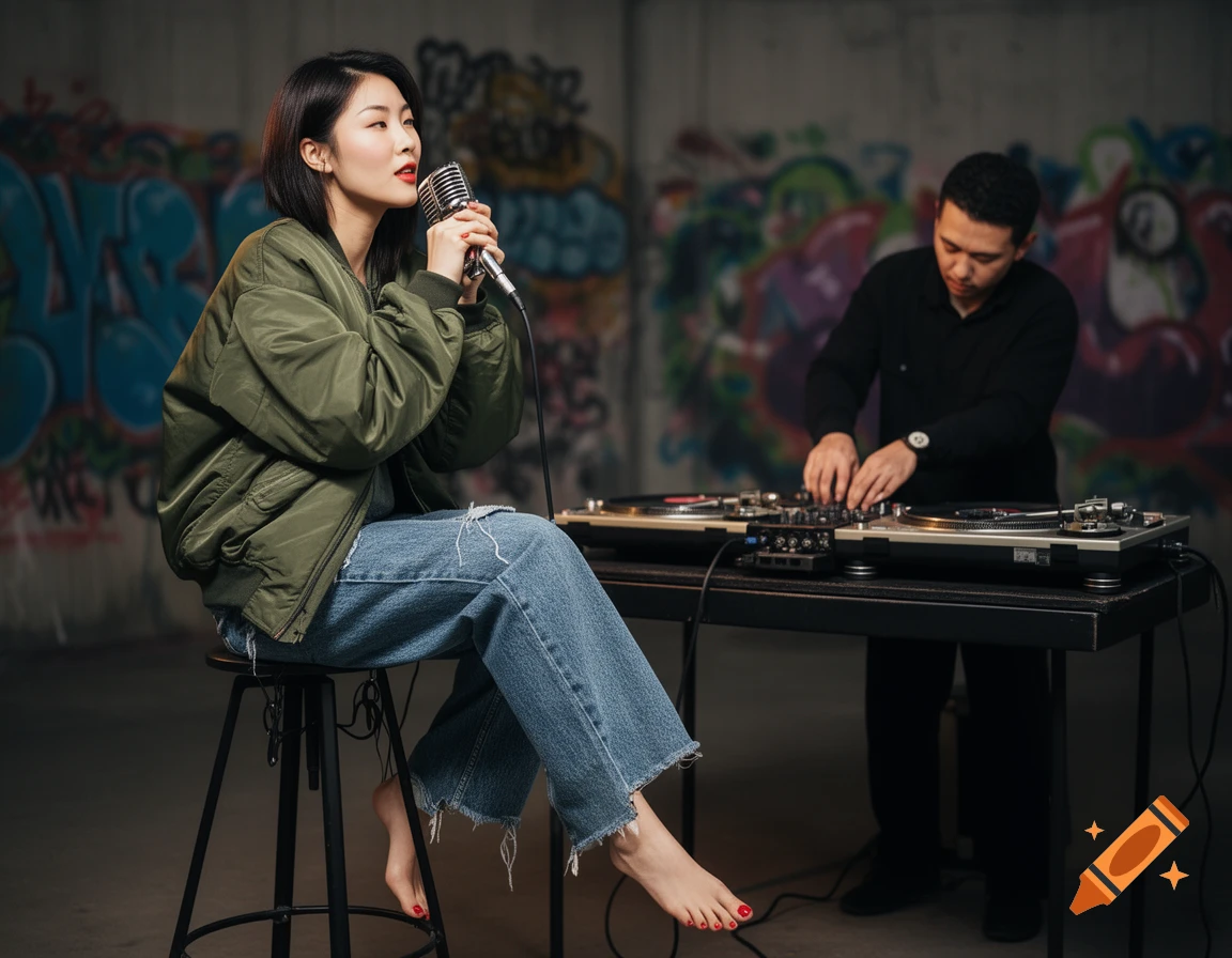 A Korean woman in a bomber jacket and jeans sits barefoot on a stool, holding a microphone while a DJ scratches records behind her in a graffiti-covered room.