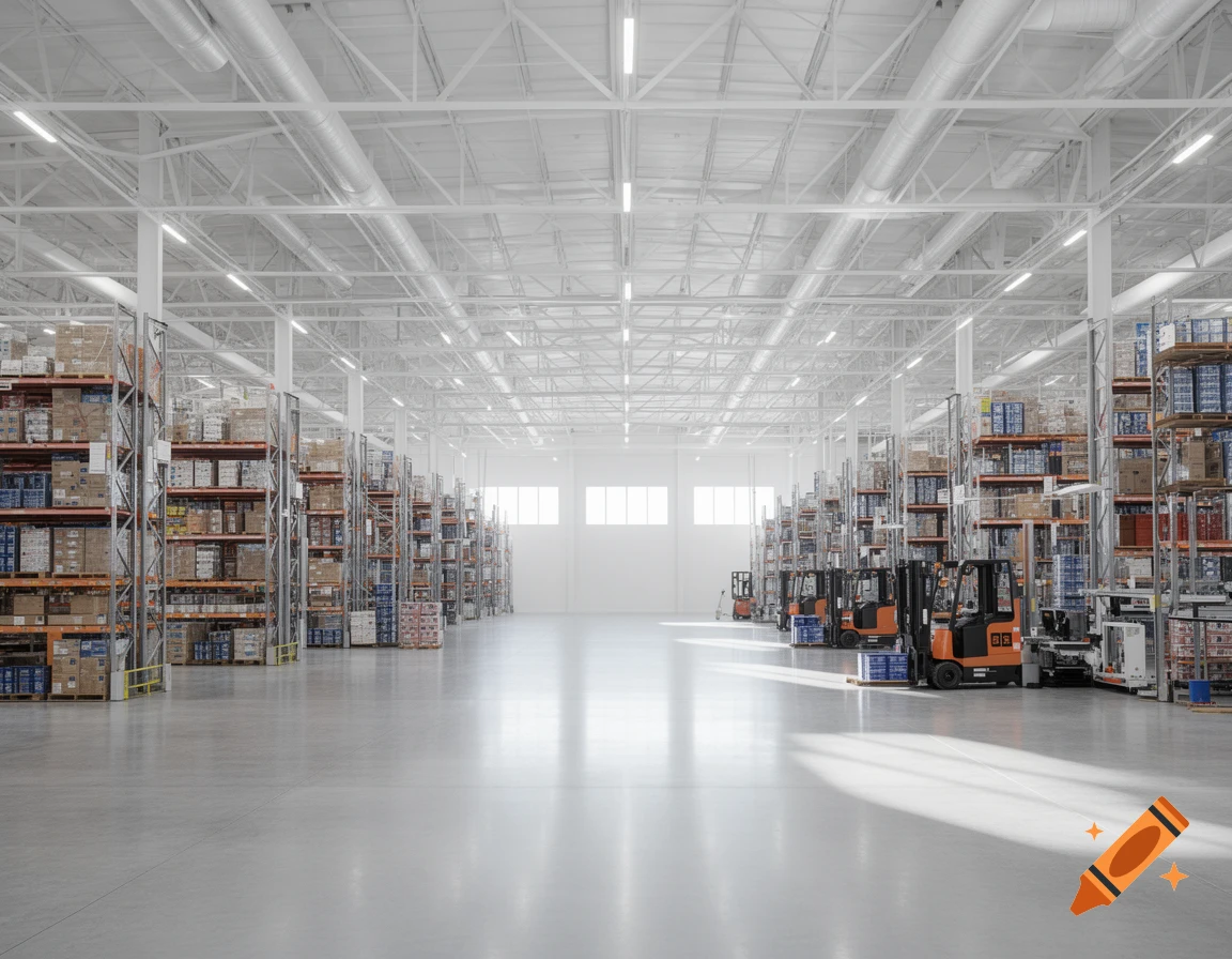 Photorealistic view inside a clean, modern warehouse with high shelves stacked with goods and several orange forklifts on a polished concrete floor.