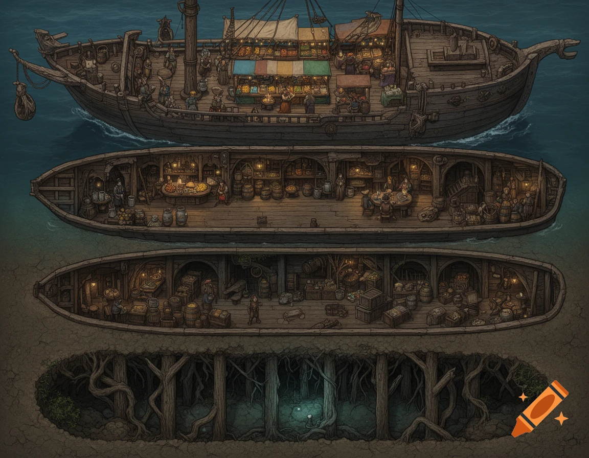 A detailed isometric fantasy battlemap showing a four-level ship converted into a market, with an underground cavern below.