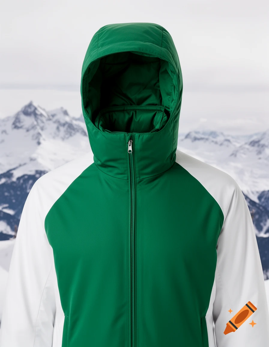 A person wears a green and white hooded skiing jacket zipped up fully, set against a snowy mountain backdrop.