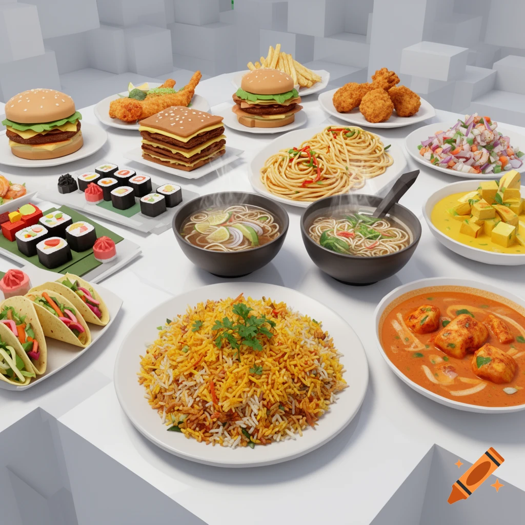 Roblox-style minimalistic rendering of various dishes: burgers, sushi, tacos, pasta, noodles, curry, fried chicken, on a white block background.