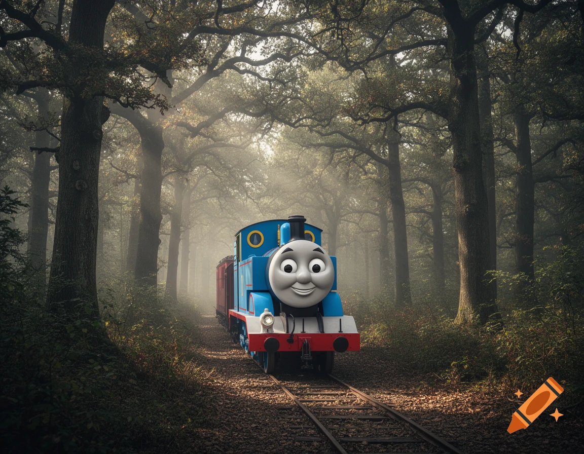 Thomas the Tank Engine on train tracks in a misty, sunlit forest.