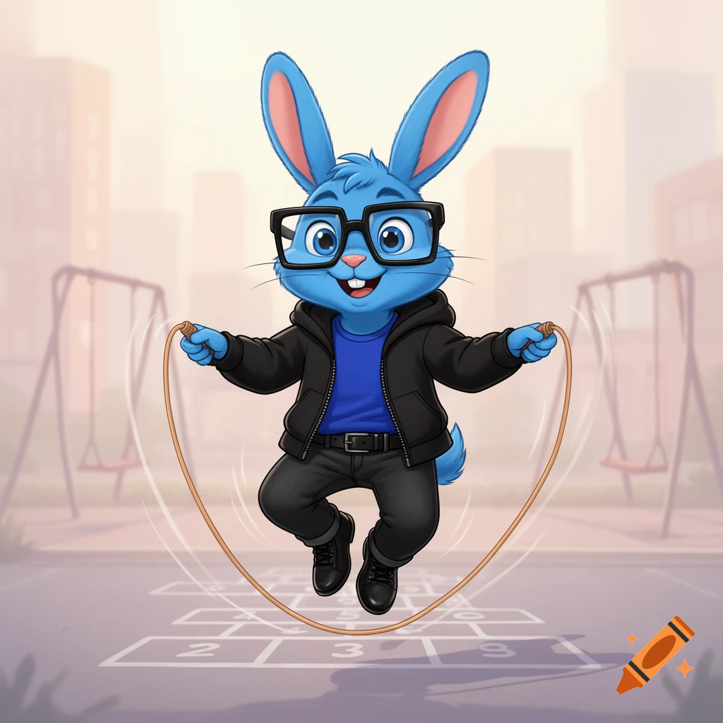A friendly blue cartoon rabbit with black glasses, a black hoodie, and jeans, jumps rope on a hopscotch court.
