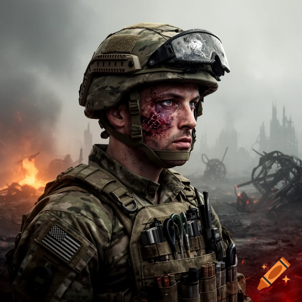 A close-up, photorealistic portrait of a grim soldier in camouflage, wearing a helmet and tactical gear, with a bloody facial wound. The background shows a smoky, fiery, apocalyptic battlefield with destroyed buildings.
