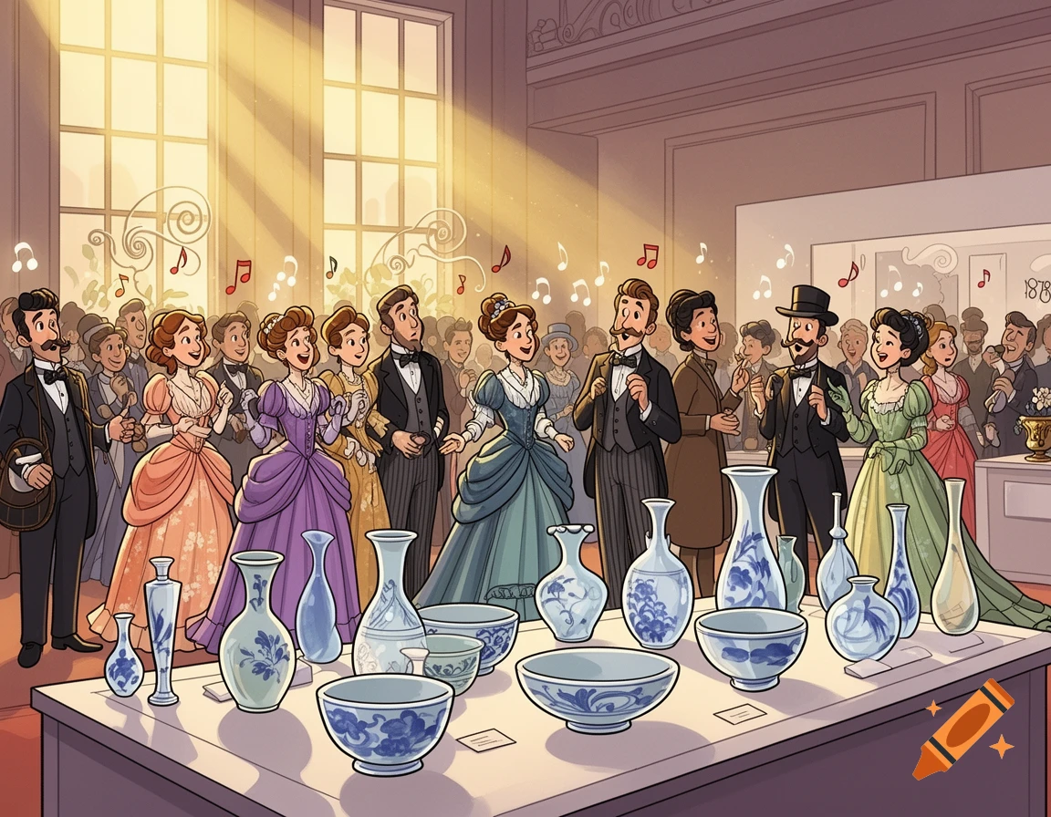 Cartoon of people in 1870s French attire at a Japanese exhibition, admiring blue and white pottery on a table. Sunbeams stream in.