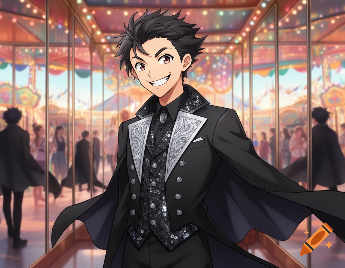 An anime man with a mischievous grin in a black sequined costume, standing in a mirrored room at a colorful fair.