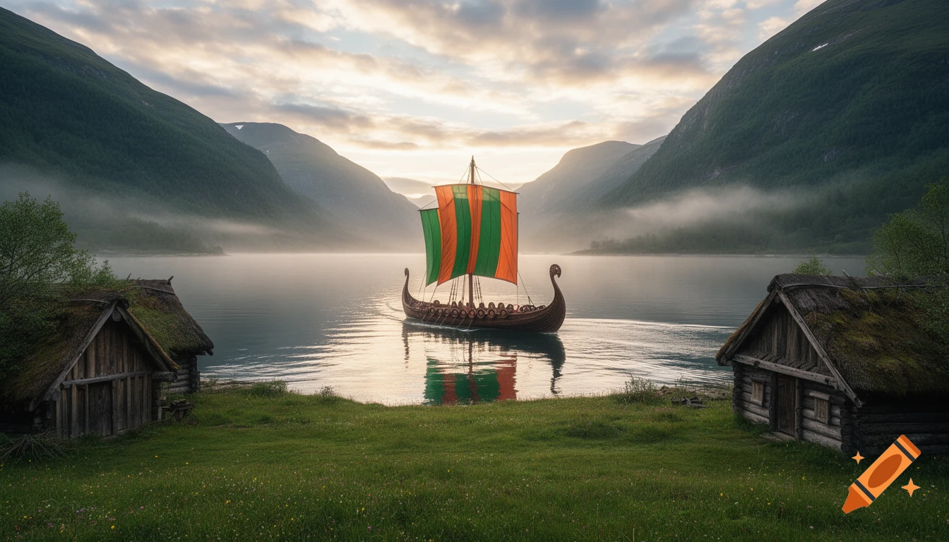 A photorealistic Viking longboat with orange and green sails sails on a misty fjord at sunrise, with two medieval houses on the grassy shore.