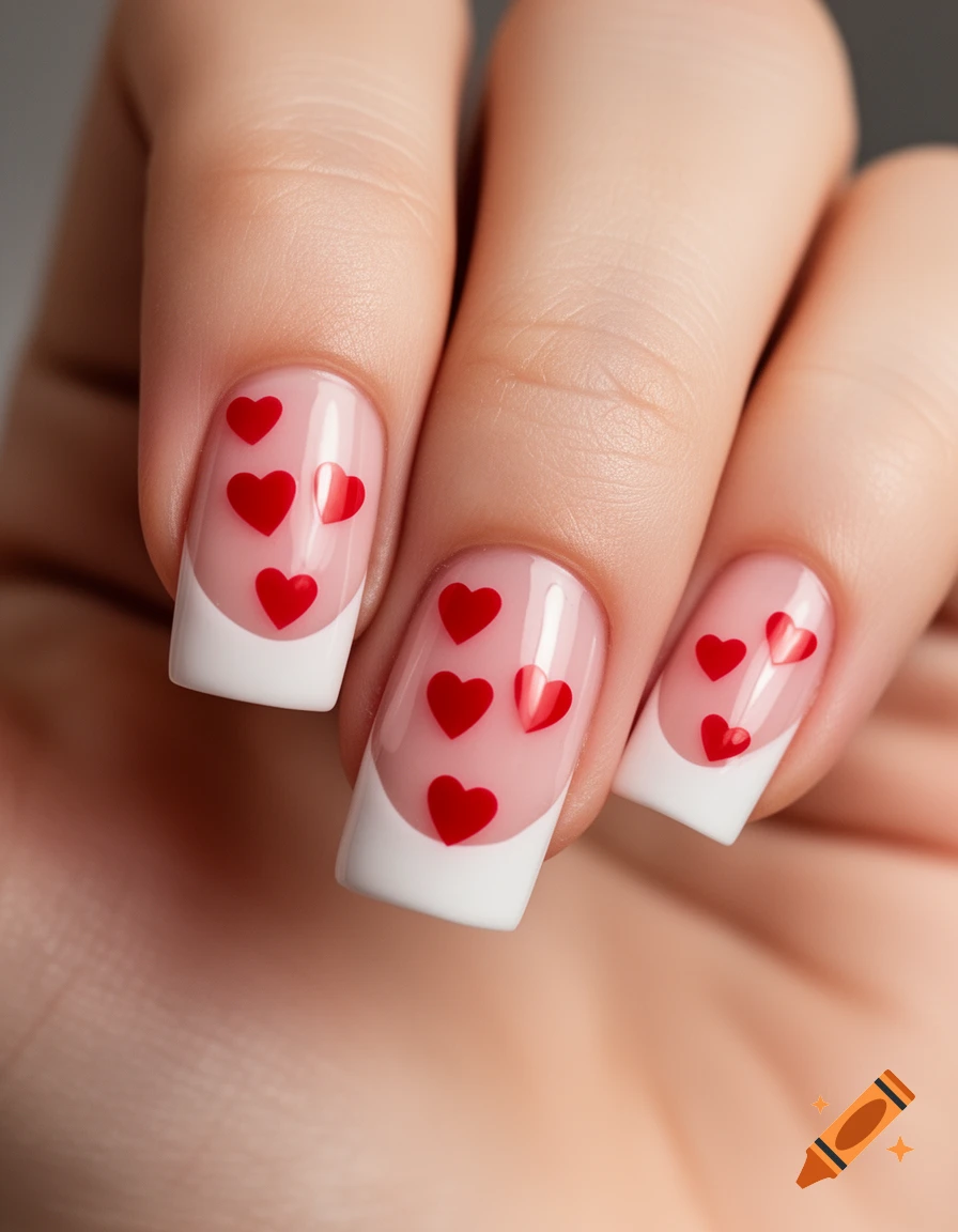 Close-up of a hand with French tip nails decorated with small red hearts.