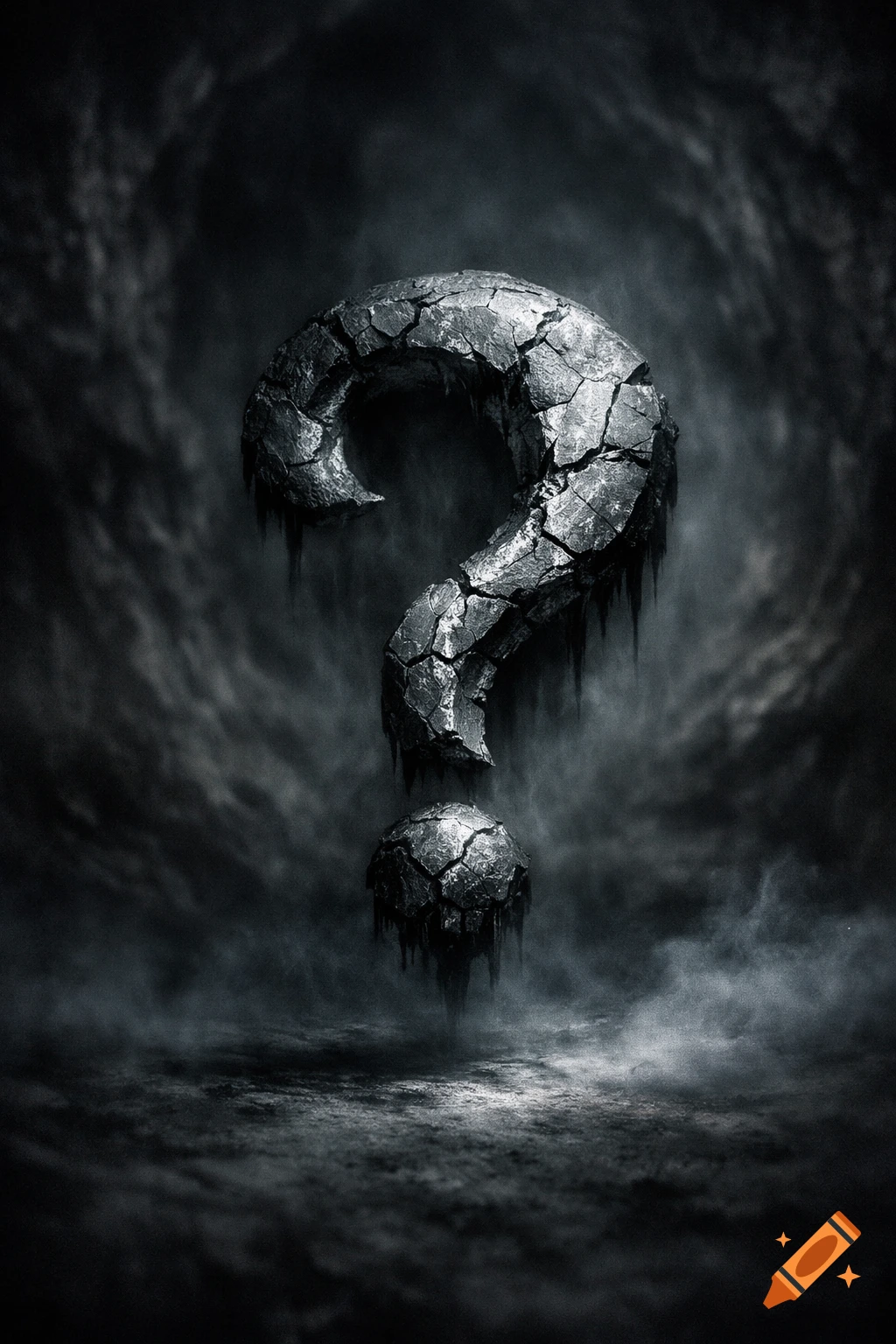 A large, eerie question mark made of cracked, dripping stone stands on ...