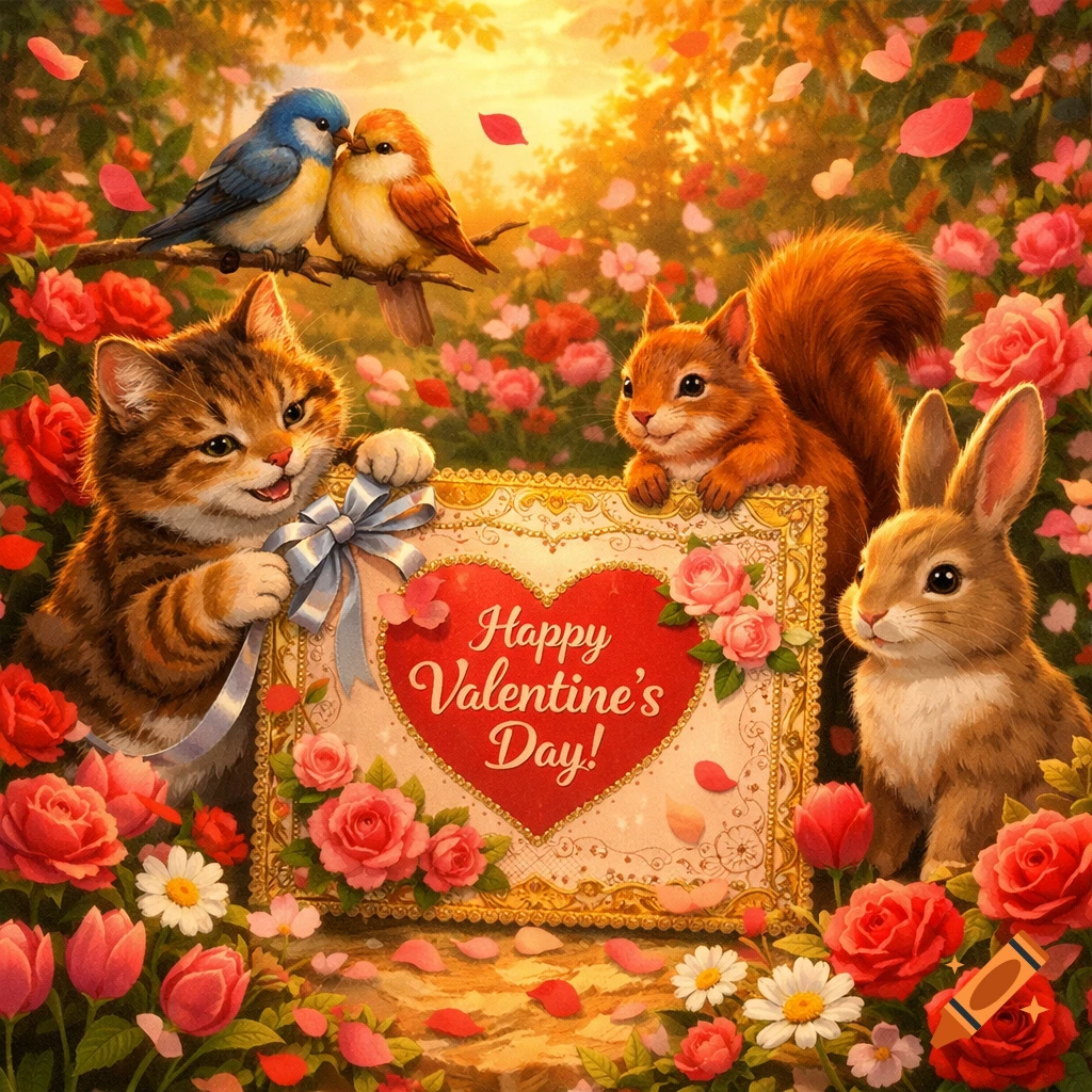 A cute cat, squirrel, two birds, and a rabbit in a flower garden present a 'Happy Valentine's Day!' sign.