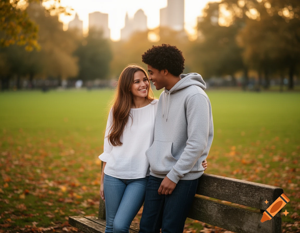 A young man and woman smiling at each other in an autumn park, leaning on a bench with city buildings blurred in the background. Photorealistic.