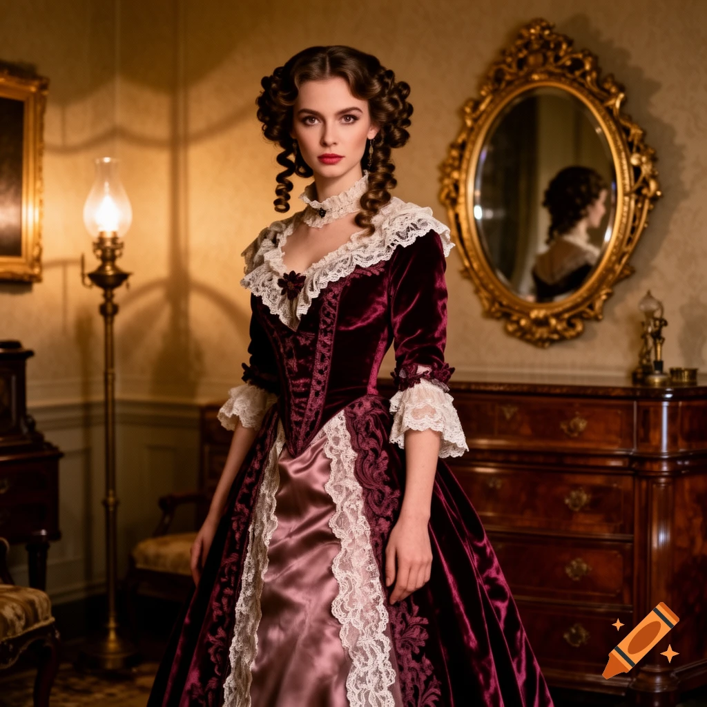 A young woman in a rich burgundy velvet Victorian gown with white lace stands in an opulent, dimly lit room, looking at the viewer.
