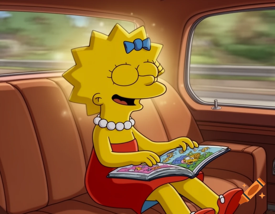 Lisa Simpson sits in the backseat of a car, smiling while reading a colorful book in cartoon style.
