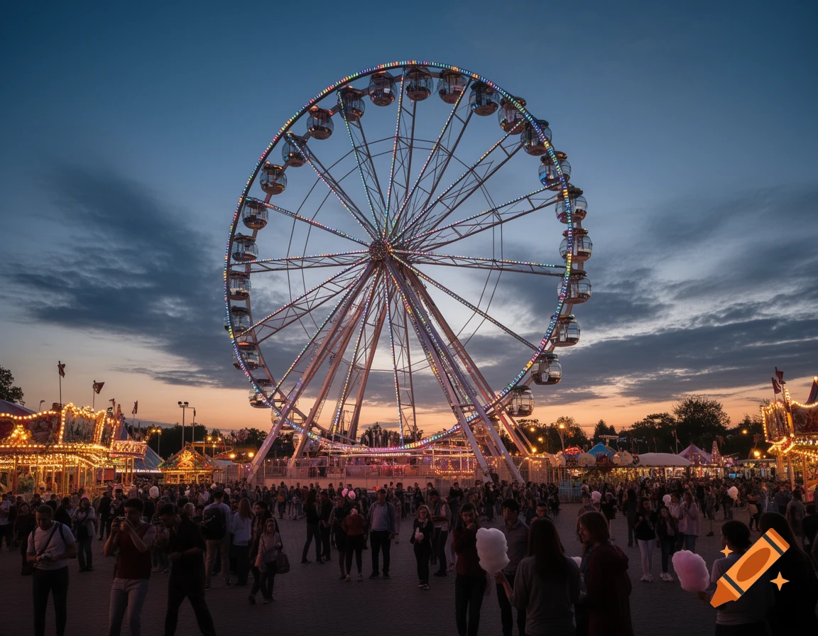 A vibrant Ferris wheel illuminated against a dusk sky at a bustling fairground with crowds and bright stalls.