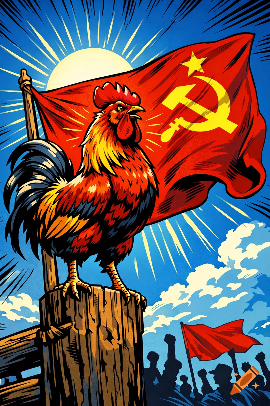 Comic-style illustration of a vibrant rooster on a post with a communist flag, sun, and silhouetted crowd raising fists.